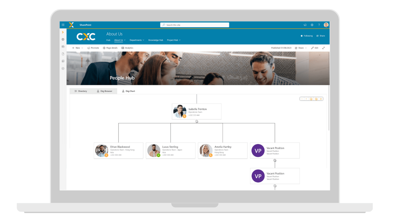sharepoint online org chart and people directory showing employee hierarchy and structure interface